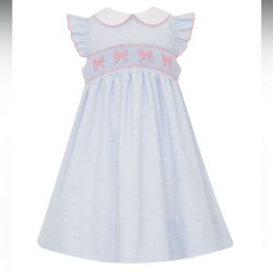 Petit Bebe Blue Striped Smocked Pink Bows Dress with Collar (Size 4T)